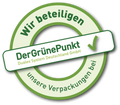 Mit diesem Logo möchten wir zeigen, dass wir Kunde bei Der Grüne Punkt – Duales System Deutschland GmbH sind und unsere Verkaufsverpackungen für Deutschland am dualen System Der Grüne Punkt beteiligen.