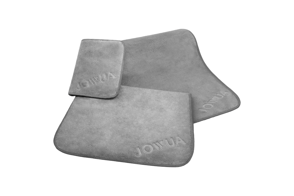 Jowua chiffons de nettoyage en microfibre par lot de 3 : grand, moyen et en forme de gant en gris côte à côte
